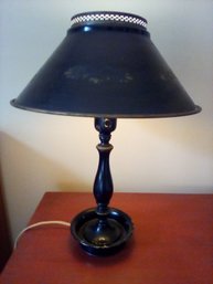 Lamp - Vintage Black Candlestick Wood, Tin, And Glass Lamp With Fabric Cord - Works