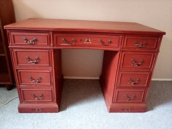 Red Stained Wood Desk, 9 Drawers, Vintage Brass Hardware  And Large Work Surface