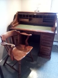 Fabulous Vintage Oak Roll Top Desk With Leather Writing Surface  & Colonial Style Captains Chair