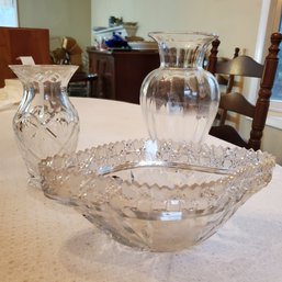 Three Glass Items : A Cut Glass Canoe Form Bowl, A Pressed Glass Vase & A Thick Glass Vase