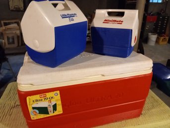 Three Great Igloo Coolers , Little Playmate Elite, Minimate,and Ulta 70 Qt