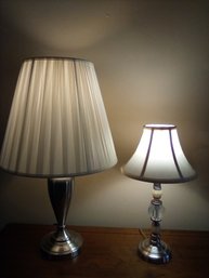 2 Lamps, Silvertone Table Style  With Fabric Shades