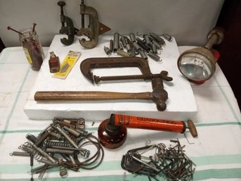 Vintage Assorted Hardware And Tools, Pipe Cutters,c-clamp,ball Peen Hammer Flash Light,pump Sprayer  B4