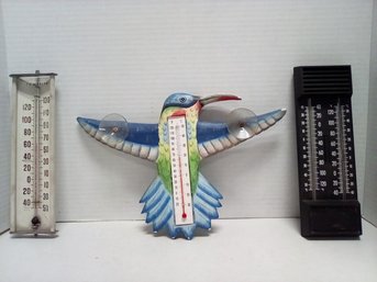 3 Vintage Thermometers - Taylor White Metal USA Temprite, Taylor Sybron In Black Poly &  Wood Bird Style A3