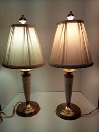 Pair Of Lenox Lamps By Quoizel  - Brass Base, Decorative China Post, Fabric Lenox Shades C4