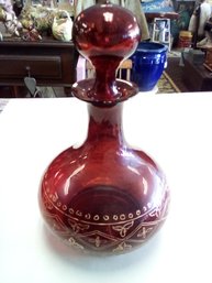 Gorgeous Ruby Glass Decanter With Hand Embellished Gold Colored Pattern Across Waist & Glass Stopper  A2