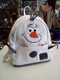 Disney Parks Loungefly Olaf Seqined Backpack With Leather Straps & Accents   C4
