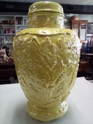 Tall Vintage Arners Ceramic Lidded Ginger Jar Has Iridescent Glaze Over Raised Pattern Signed Gene   E4