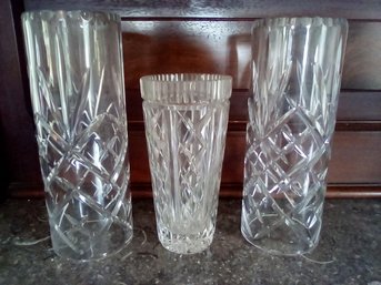 Two Pressed Glass Hollow Candle Chimneys & One Pressed Glass Vase (illegible Makers Mark At Botttom)