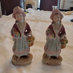 Two Vintage Made In Japan Bisque Ladies Figurines With Flower Bouquet & Flower Baskets
