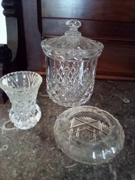 Three Piece Pressed Glass Collection: Lidded Jar, Small Vase And Vintage Ashtray