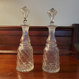 Two Vintage & Gorgeous Thumb Press & Diamond Patterns Decanters ( Large Cruets ) With Stunning Stoppers