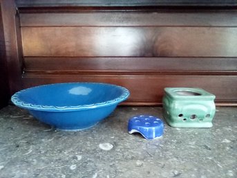 Three Piece Vintage Pottery McCoy Bowl 7516, Stangl 3412 Votive / Stove Warmer & Weller Ceramic Flower Frog