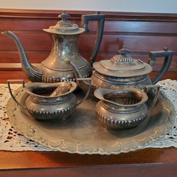 Antique Crafton Of Sheffield England Silver Plate Coffee & Tea Set With Tray, Sugar Bowl, Creamer & Tongs