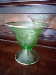 Green Depression Glass & Sterling Silver Edge Trim Footed Compote Has Striking Etched Features