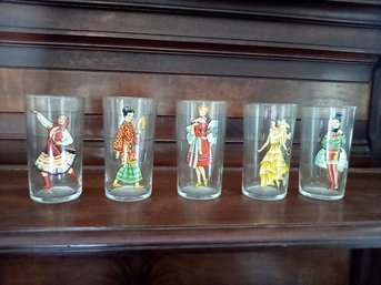 5 Vintage Pinup Ladies Drinking Glasses With Cartoon Nude Counter Image Inside.