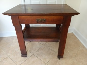 Vintage Mission Style Oak Table With One Drawer, Casters & A Lower Shelf