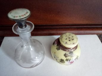 Vintage Etched Perfume Bottle With Sterling Enameled Stopper & Ceramic Hand Painted Powder Shaker