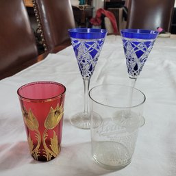 Four Special Drinking Glasses- Cobalt Blue Cut To Clear Crystal , Rose With Gold Flowers & The Lord's Prayer