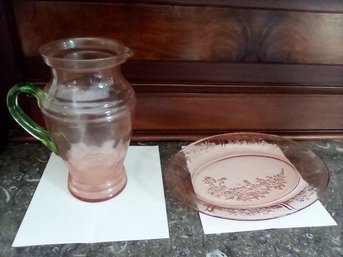 Pink Glass Pitcher With Ribs And Green Blown Handle Plus Pink Rose Theme Platter With Raised Molding