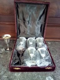 Vintage Velvet Lined Box With 6 Cordial Cups Made Of Electroplated Nickel Silver