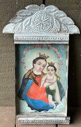 Antique 19th Century Mexican Tin Nicho - Retablo Hand Painted Signed 16' X 10'