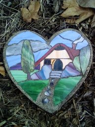 Concrete Outdoor Garden Heart Shaped Stepping Stone With Inlay Stained Glass Creates Cozy House Scene