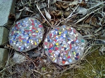 Two Concrete Mosaics With Stained Glass Geometric Shaped Pieces For Outdoor Use.