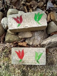 Two Concrete Bricks With Stained Glass Tulip Design For Outdoor Use