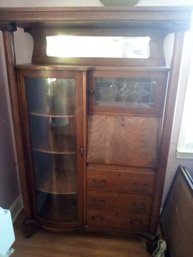 Victorian, Circa Late 1900s, Oak Side By Side Secretary Slant Front Desk, Curved Glass Door Display Case