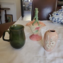 Trio Of Lovely Vintage Hull Pottery: Woodland Basket,  Bud Vase & Rich Green Mug