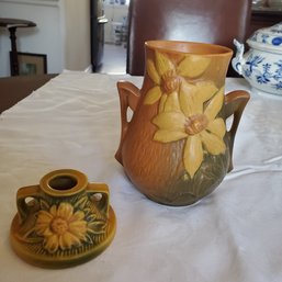 Two Roseville Art Pottery Pieces: Clematis Autumn Brown Vase & Peony Candkestick Holder