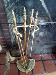 Great Set Of Brass Fireplace Tools, 5 Piece Assembly With Shovel, Poker & Log Turners