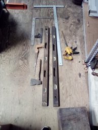 Assorted Hand Tools, Wood & Metal Levels, Wood Clamp, Hatchet, Sheet Rock Square, Sheet Rock Saw 212/CVBK