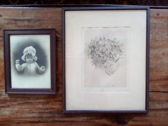 Two Vintage Prints Of Cherub Faced Children, 1 Profile With Loose Curls, Pencil Signed, & 1 Poses With Bonnet