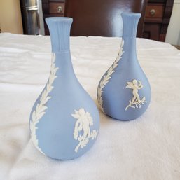 Vintage Pair Of Wedgwood Of England Blue Jasperware Bud Vases