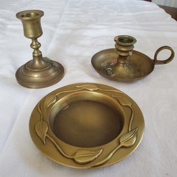 Vintage Brass Lot Of Two Candlestick Holders & One Ashtray