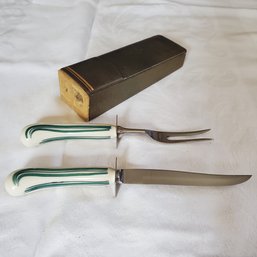 The Clement Co Of Northampton, Mass. Forged Stainless Carving Fork & Knife Set Ceramic Handles In Leather Case