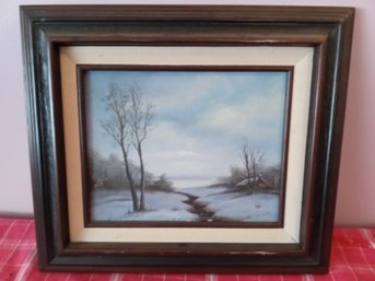 Vintage Oil On Canvas Painting River Flowing Passed A Cabin Matted