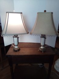 Pair Of Vintage Cast Metal Lamps With Satiny Beaded Shades. Unique Glass Sphere Finials.   Both Lamps Work.