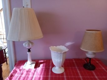 Beautiful Vintage Milk Glass Trio Two Lamps One Vase