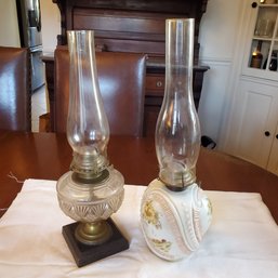 Two Antique Oil / Kerosene Lamps With Glass Chimney Shades