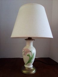 Mid Century Ceramic Lamp With Raised Floral Design Handpainted Under Glaze With Brass Foot And Neck