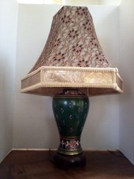 Ceramic Lamp With Raised Designs Including Lions Rampant On Wood Base With Fancy Lampshade