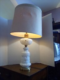 Vintage Milk Glass Thumbprint Lamp With Handpainted Gold Colored Stars And Brass Accents.
