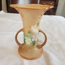 1940s Roseville Art Pottery Dual Handle Trumpet Vase White & Violet Cosmos Flowers  # 947- 6'