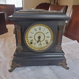 Antique Seth Thomas Adamantine Mantle Clock With Full Works,  Lion Head Handles & Key
