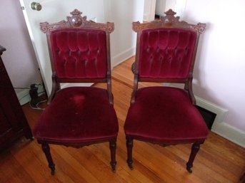 Beautiful Pair Of Antique Chairs Circa Mid 1800s With Lovely Velvet Fabric, Wooden Casters On The Front Legs.