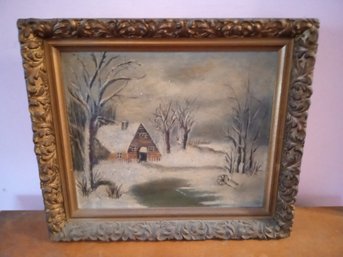 Vintage Oil On Canvas Painting With Beautiful Wooden Frame With Lovely Carvings