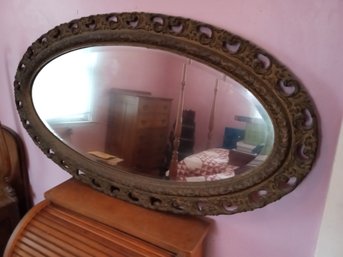 Lovely Antique Oval Wood Framed Mirror With Decorative Carvings On Frame